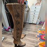 Pierre Dumas  Snakeskin Chunky Heeled Knee High Boots Taupe Suede 8.5 Wide Calf Photo 11