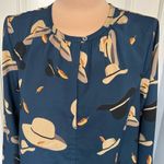 Bass Novelty Hat Print Long‎ Sleeve Teal Blouse Blue Photo 1