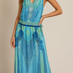 Hale‎ Bob XS Tall Blue Green Boho Maxi Dress Tie Neck Beach Vacation Resortwear Photo 0
