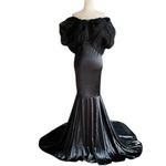 Faeriesty Elegant Off Shoulder Short Sleeve Satin Dress Black Photo 1