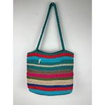 Merona Striped Crochet Tote Bag Turquoise Blue Red Pink Boho Beach Summer Photo 1