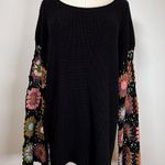 Heyson Black Cotton Blend Sweater Crochet Floral Sleeves Women’s Size Medium Photo 1