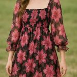 Thirty Thirty Floral‎ Mini Dress Smocked Square Neck Ruffled Cuffs Fairy Pink L Size L Photo 0