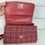 Badgley Mischka Badgley‎ Mischka Woven Tweed Messenger Bag Gold Red Coquette Pearls Chain Photo 8