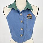 Kollyy Halter Crop Top‎ Blouse Blue Button Front Size Medium Green Collar Photo 0