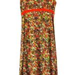 Vintage 60s Floral Orange Green Brown Empire Waist Midi Dress Velvet Ribbon Size L Photo 0