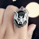 Bat Black Faux Gemstone Open Finger Adjustable Ring Silver Plated Faux Fashion J Photo 0