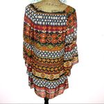 Voll Off The Shoulder Multi Print Shift Dress Split Handkerchief Sleeve Small Orange Photo 7