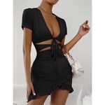 Cut Out Ruffle Ruched Bodycon Mini Short Sleeve Tie Front Wrap Short Dress Black Size XS Photo 2