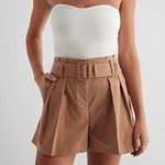 EXPRESS Midi Super High Rise Paper Bag Shorts Tan Size 00 Pleated Pockets Photo 7