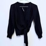 Madewell Womens Wrap Top Smocked Sleeve Long Sleeve Black Size XXS New Photo 2