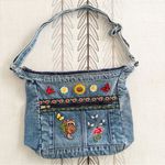 Vintage Denim Shoulder Bag with Floral Embroidery Blue Photo 4