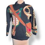 Vintage The Eagles Eye Black Hand Knit Chunky Equestrian Trompe Loeil Sweater Size M Photo 12