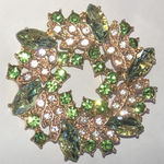 Elegant Green Rhinestone and Gold Tone Boho Wreath Brooch Photo 0