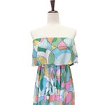Japna  Strapless Flounce Top Summer Maxi Dress Retro Aqua & Pink Print Size Small Photo 9