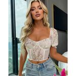 Floral Lace Puff Sleeve Sweetheart Neck Bustier Corset Crop Top White Size L Photo 2