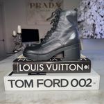 Covington Vintage  Black Leather Lace Up Combat Stacked Block Heel Bootie Boots Photo 4