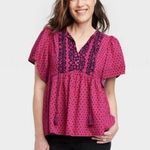 Knox Rose Top Size XS Flutter Short Sleeves Rich Magenta Black Dot Tassels NWT Photo 0