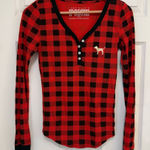 PINK - Victoria's Secret Like New PINK Victoria’s Secret Buffalo Plaid Henley Waffle Thermal Sleep Top Photo 0