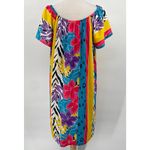 Vintage 80s Mumu Mini Dress Tropical Floral Colorblock Stripe Animal Print Aline Blue Size 16 Photo 8