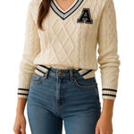 Ultra Flirt  Cream Cable Knit Varsity Sweater with Black “A” Patch Photo 0