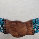 Vintage Womens Beaded Fashion Belt Turquoise Black Wood Buckle Elastic‎ Boho Blue Photo 6