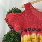 Shoreline  Yellow & Red Tie Dye Print Bohemian Cold Shoulder Asymmetric Dress OS Photo 2