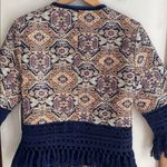 Boston Proper  Fringe Tapestry Novelty Jacket Navy Multicolor Photo 8