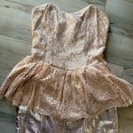 Vintage 80s pink metallic lace peplum strapless dress wedding party glam Photo 2