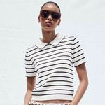 ZARA NWT  Sz Medium Top: Lapel Neck, Short Sleeve, Navy & White Striped w/ Piping Photo 7