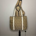 Michael Kors Tan Jacquard Jet Set Large Zip Tote White Leather Strap Side Pocket Photo 6