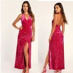 NWT LULUS Alluring Elegance Hot Pink Crushed Velvet Halter Maxi Dress Pink XS Photo 1