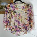 Lavender Brown Silk Floral Sheer Top Flutter Bell Sleeve Feminine Size XS Photo 1