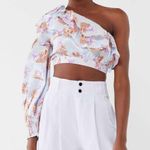 Urban Outfitters  Kate One Sleeve Crop Top Large Blue Floral Ruffle Photo 0