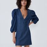 ZARA  Womens Casual Chic 70s V-Neck Puff Statement Sleeve Denim‎ Dress Size XS Photo 1