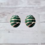Vintage Clip On Earrings Statement Green & Gold Tone Striped Regal 7/8" Photo 0