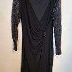 American Living Dress Elegant Black Lace Long Sleeves Sequin V-Neck Faux Wrap Photo 0