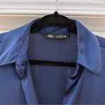 ZARA  Satin Effect V Neck Button Down Shirt Navy Blue sz Small Photo 9