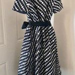 Talbots NWOT babydoll shift polka dot diagonal lace fit & flare black white midi dress belted bow waist short sleeve Cocktail Evening Photo 3