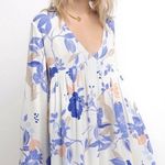 Free People 🏷️  Bella Printed Tunic Dress XS Blue White Flower Vneck Longsleeve Photo 9
