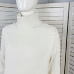 EXPRESS Ribbed Asymmetrical Hem Split Side Long Sweater Cream Large Turtle Neck Photo 5