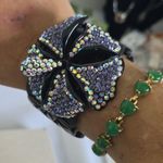 Vintage Wide Black Metal Bracelet with Jeweled Orchid Flower Purple Photo 6