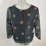 ZARA  Blouse Top FLORAL EMBROIDERED Dark Green SHEER LACE Photo 3