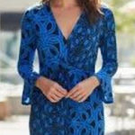 London Times Dress Womens Size 4 Blue Black Geometric Print V Neck Long Sleeve Photo 0