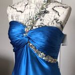 Mermaid High Low Formal Evening Prom Gown Asymmetric Slit Satin Blue Size 12 Photo 2