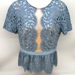 BCBGMAXAZRIA Women’sBlue Sheer Lace Peplum-Attached Tan Camisole Blouse-Size S Photo 0