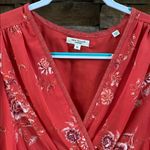 Max Studio  Coral Red Plunge Neckline wrap Boho ruffle floral Dress sheer sleeves Photo 1