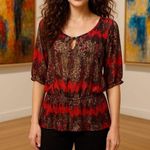AGB XL Sheer Lace Tunic Red Black Snake Tie Neck Blouse Romantic Abstract Print Photo 2