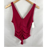 Leith NWT Ruched V-Neck Bodysuit Red Beetroot S Photo 2