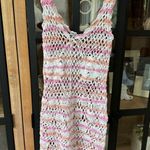 Vintage Crochet knit coverup mini dress rosettes swimsuit beach pool scalloped Pink Photo 6